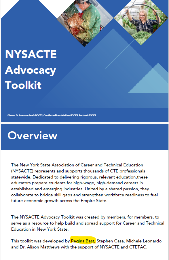 NYSACTE Advocacy Toolkit cover and overview identifying Regina Bast as a developer