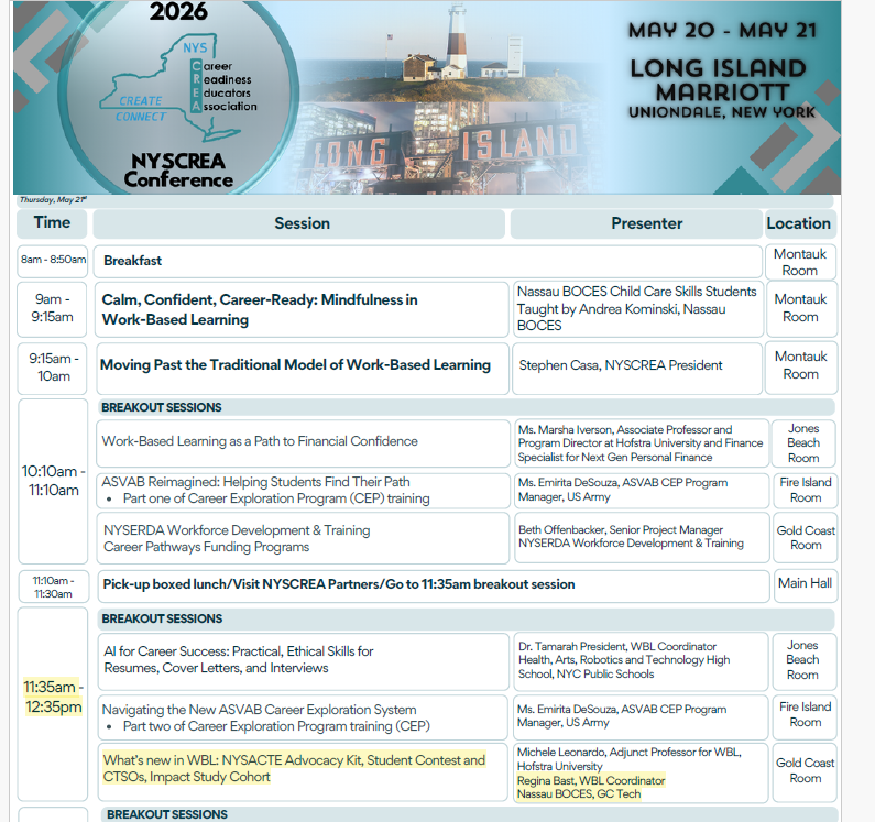 NYSCREA 2026 conference agenda highlighting Regina Bast's Work-Based Learning session